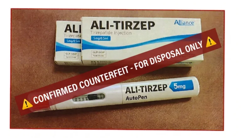 Two cartons and an injection pen labelled ALI-TIRZEP 5mg, overprinted with a banner reading Confirmed Counterfeit — For Disposal Only