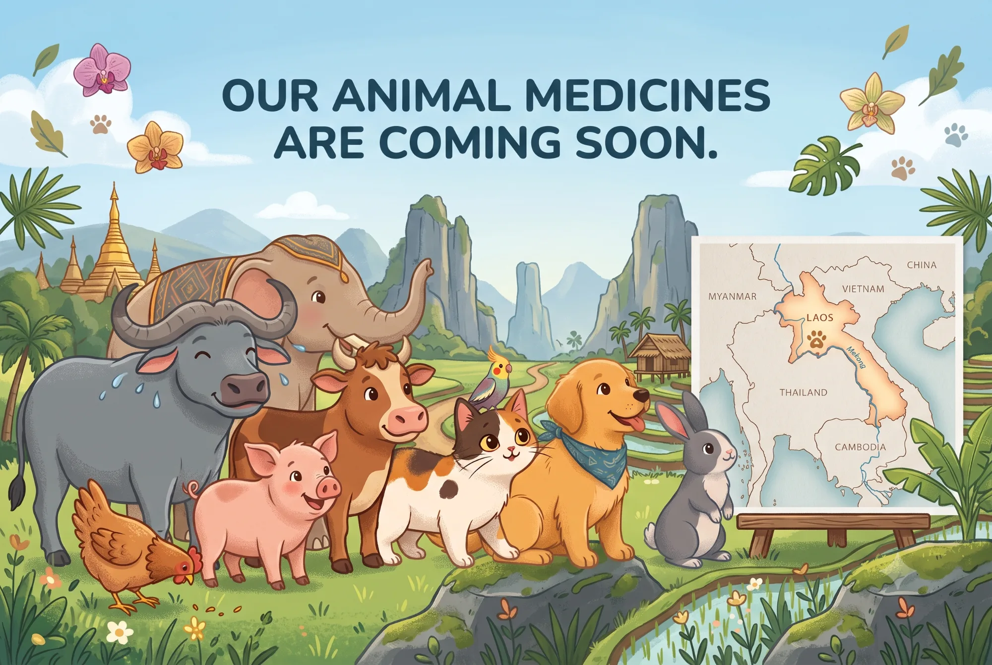 Farm and companion animals in a Lao landscape — our animal medicines are coming soon